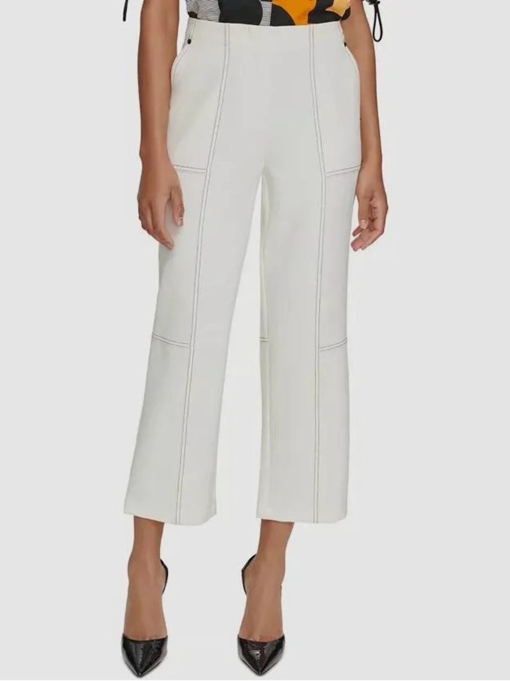 Karl Lagerfeld Light Cream Cropped Wide-Leg Pants with Contrast Stitch